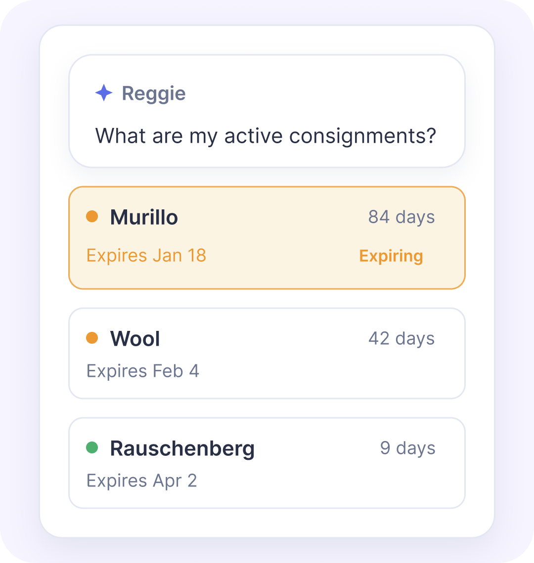 Active consignments list with Murillo expiring, Wool, and Rauschenberg