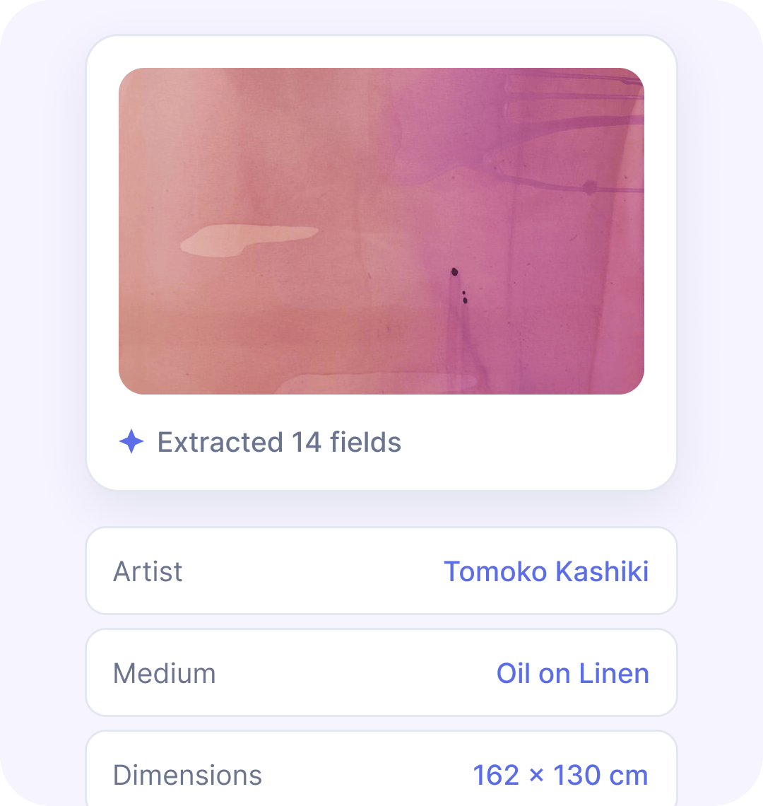 Reggie extracting 14 fields from an artwork image including artist, medium, and dimensions